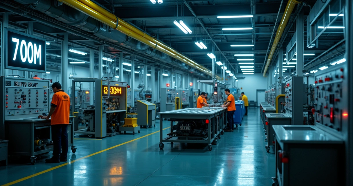 Linha de produção industrial à noite, com iluminação intensa e operários trabalhando