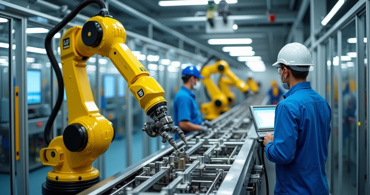 Linha de produção robotizada com braços robóticos e operadores observando 
