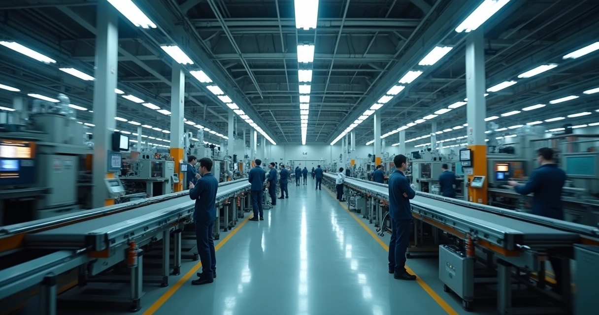 Linha de produção industrial parada com funcionários esperando próxima à esteira