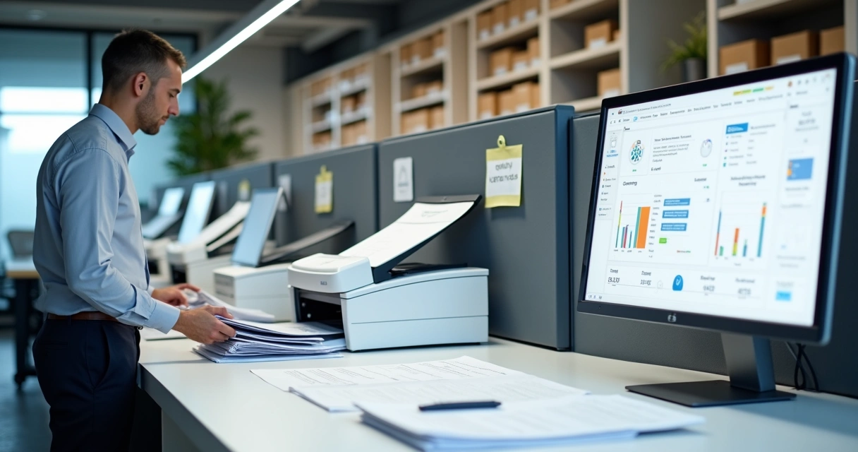 Linha de digitalização de documentos em empresa com scanners e telas de gestão documental 