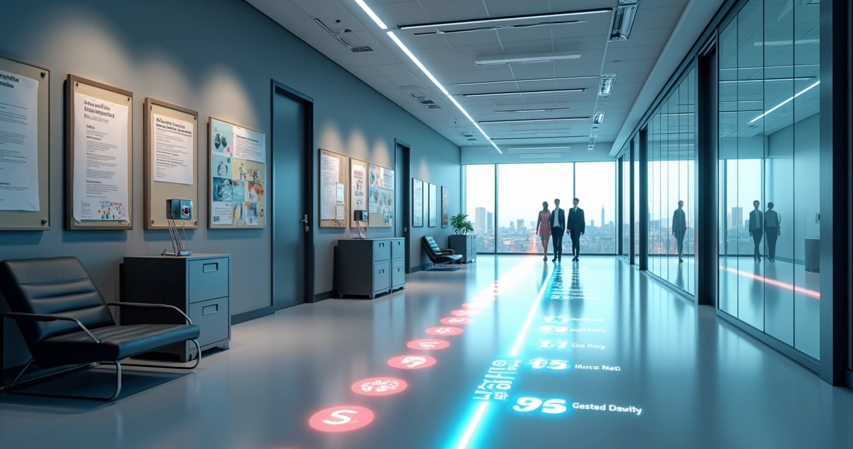 Linha do tempo visual mostrando evolução dos benefícios de saúde no ambiente de trabalho 