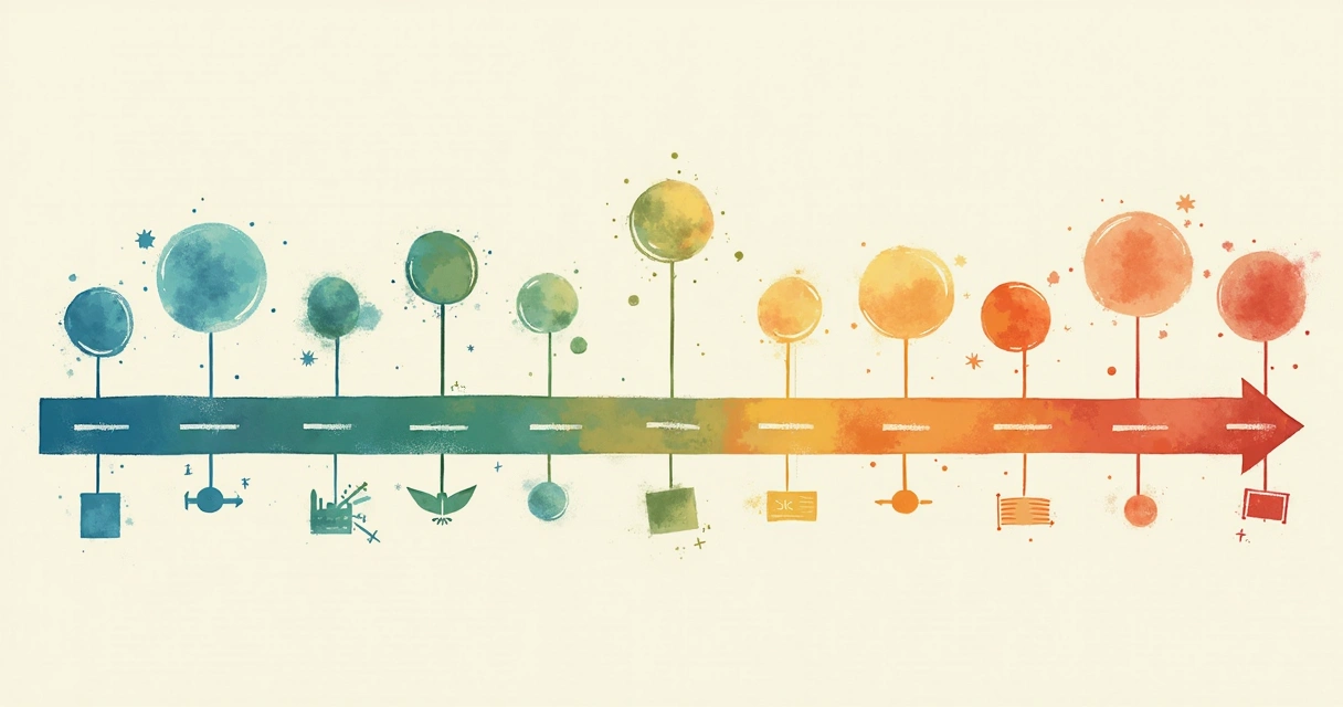 Linha do tempo com pontos do passado e presente conectados por setas coloridas 