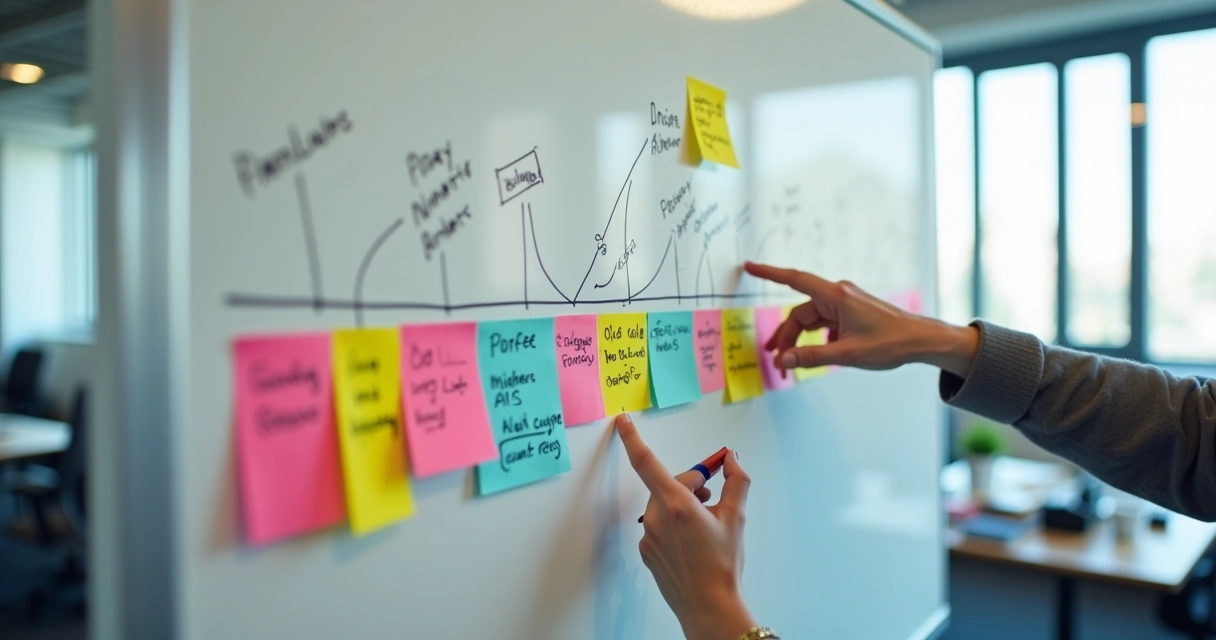 Quadro branco com linha do tempo e notas adesivas marcando momentos e mudanças 