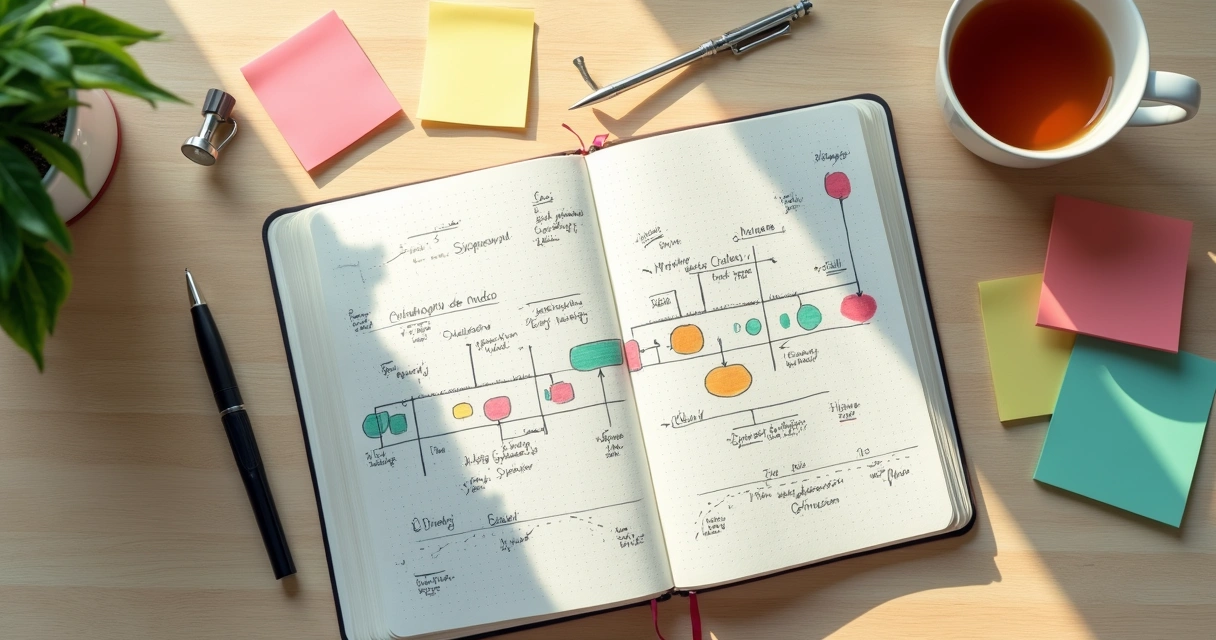Caderno com linha do tempo emocional e anotações coloridas