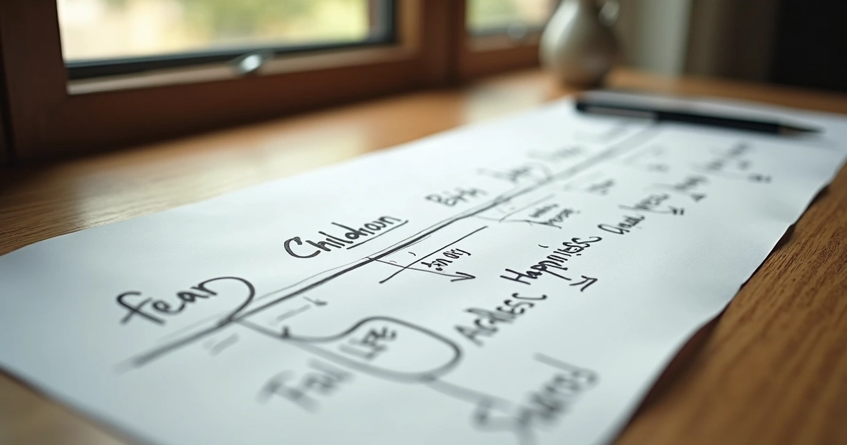 Linha do tempo desenhada à mão com emoções anotadas em acontecimentos marcantes da vida 