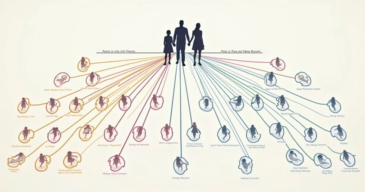 Genograma representando relações familiares conectadas por linhas de diferentes cores 