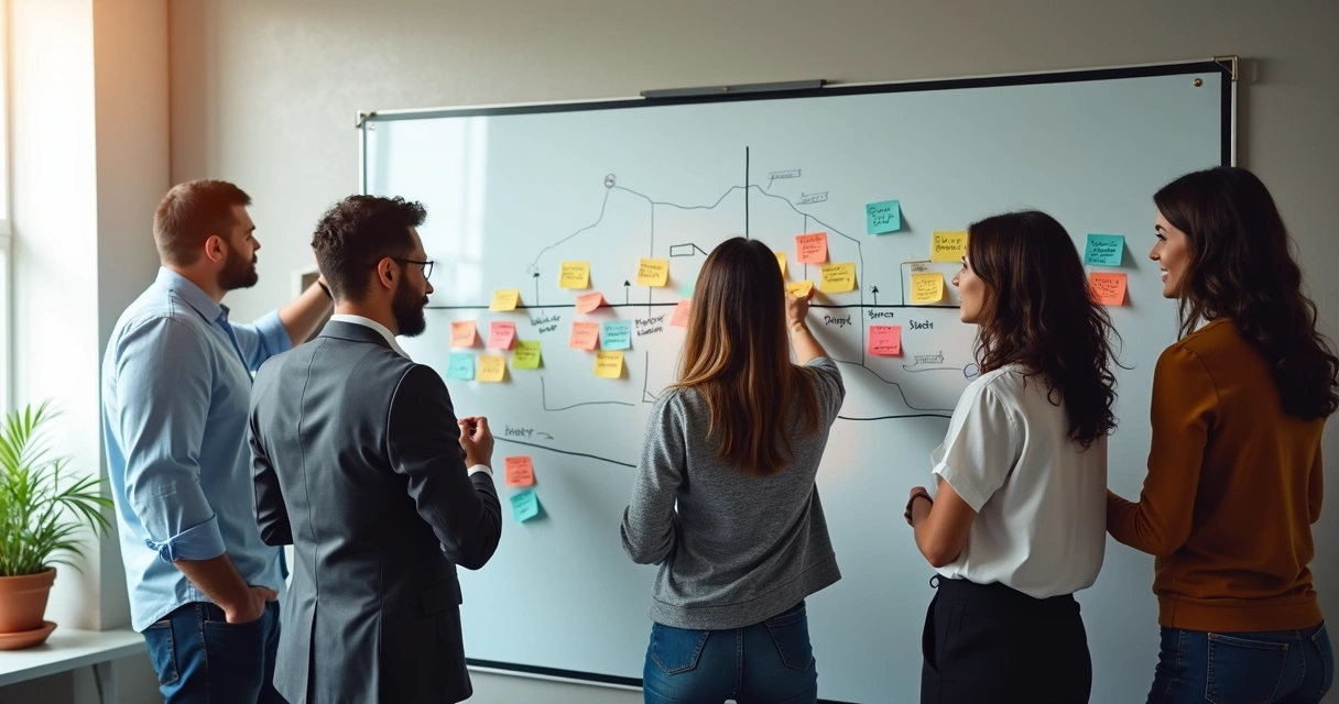 Membros de equipe montando uma linha do tempo colaborativa em um quadro branco