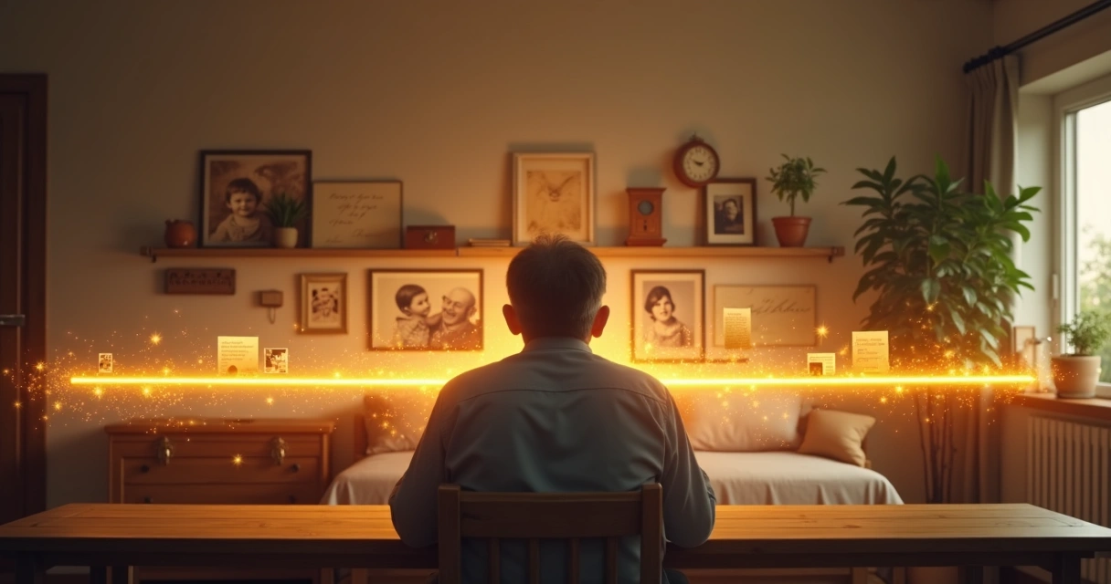 Linha do tempo familiar ligando gerações do passado ao presente 