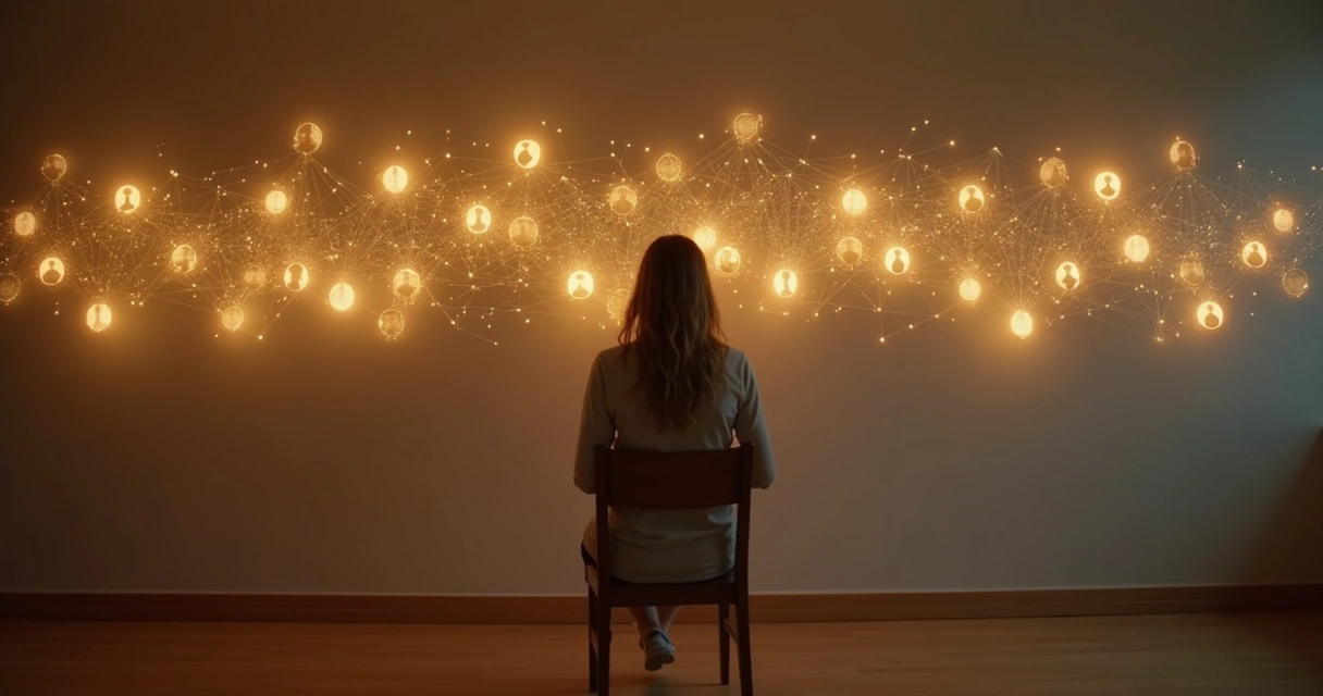 Mulher observando linha do tempo familiar com conexões luminosas 