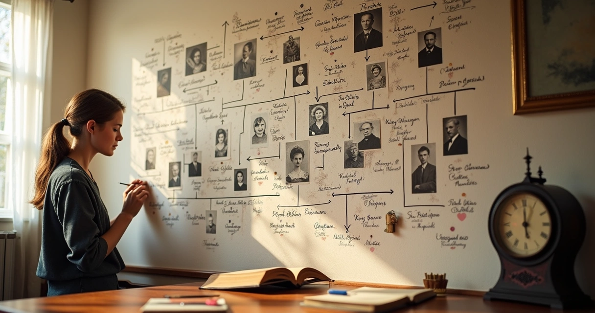 Linha do tempo desenhada em mural, mostrando fotos familiares e setas conectando eventos importantes. 