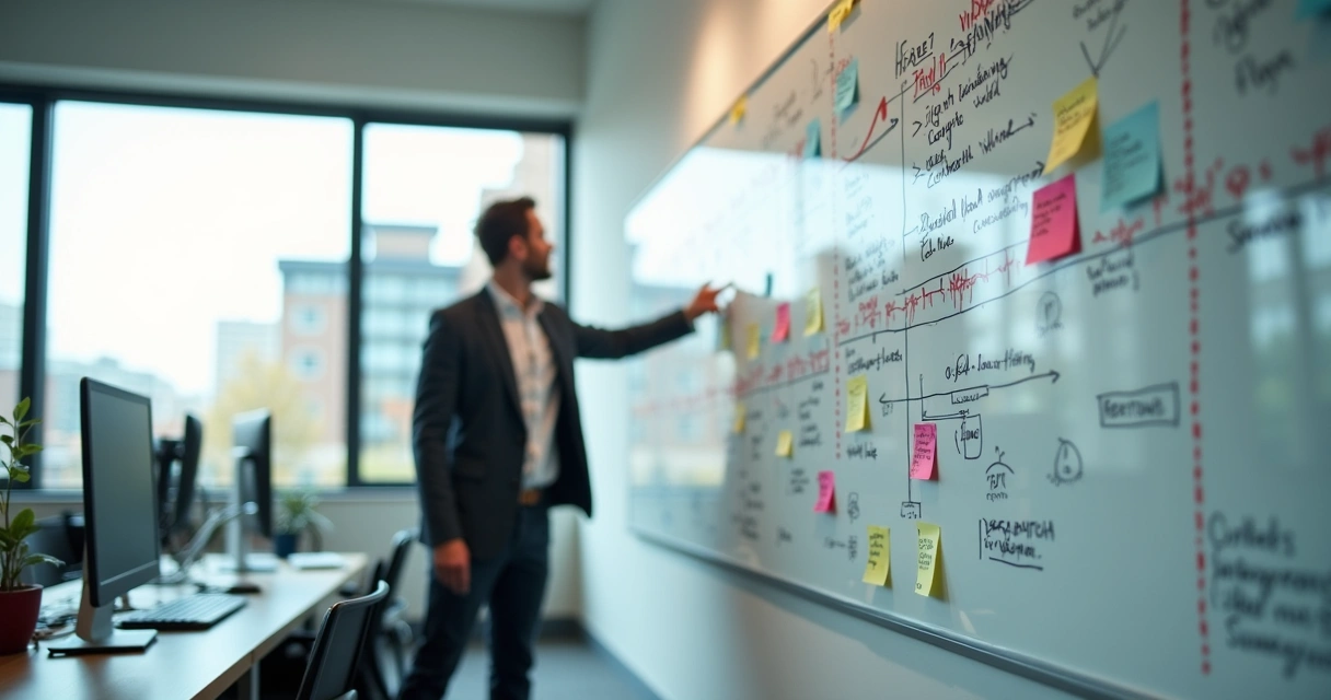 Linha do tempo com marcos históricos de uma empresa desenhada em quadro