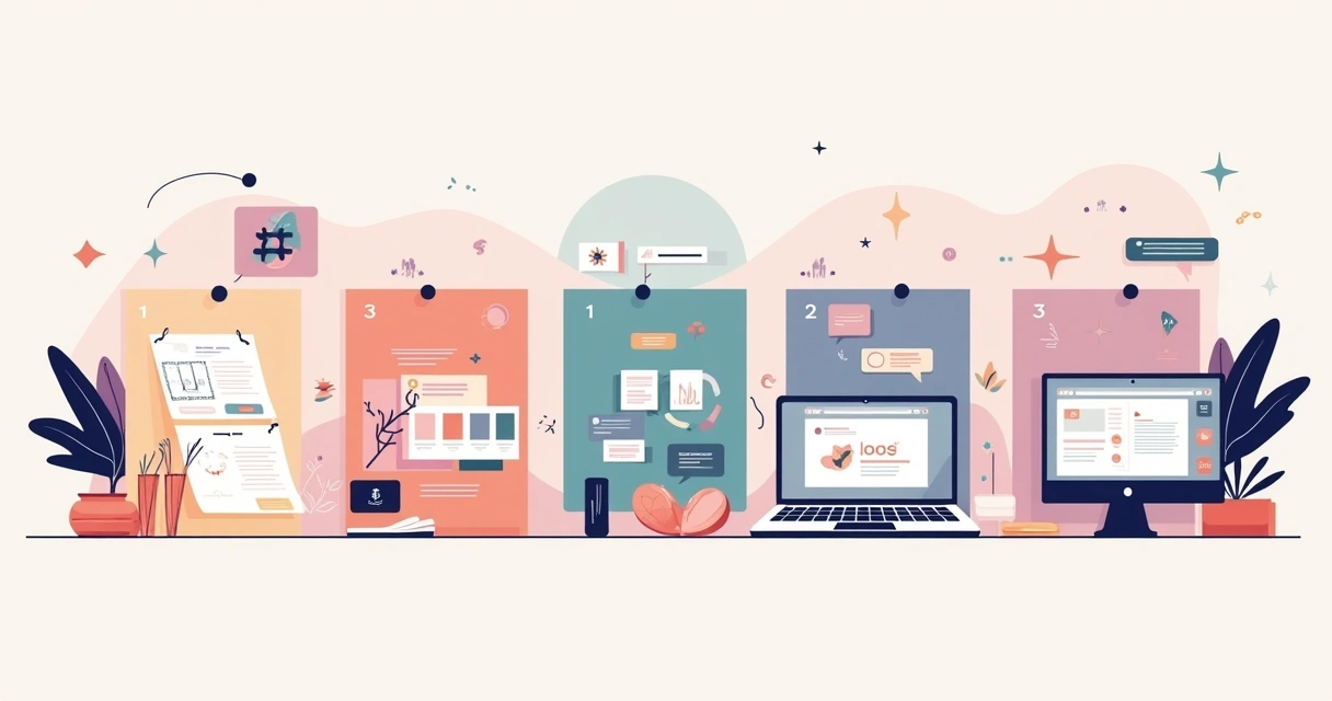 Linha do tempo ilustrando construção da identidade visual de uma empresa com logotipo, cores e tipografia 