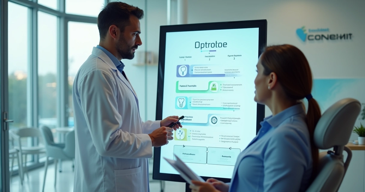 Dentista explicando linha do tempo do implante dentário em quadro digital para paciente 