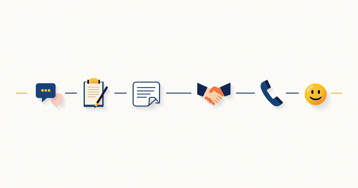 Linha do tempo de atendimento ao cliente com etapas marcadas por ícones simples