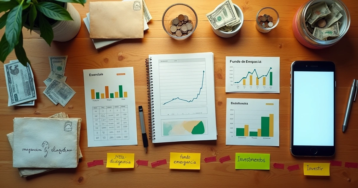 Linha do tempo visual com etapas de organização financeira e construção de patrimônio 