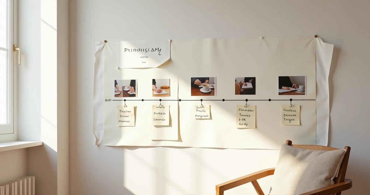 Parede com linha do tempo de sessões de psicoterapia marcadas com fotos e anotações 