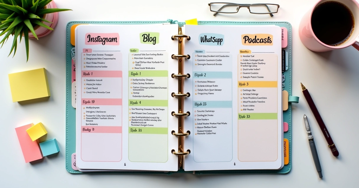 Planner colorido com colunas de Instagram, Blog, WhatsApp e Podcasts, cada uma com cards de diferentes formatos e frequências