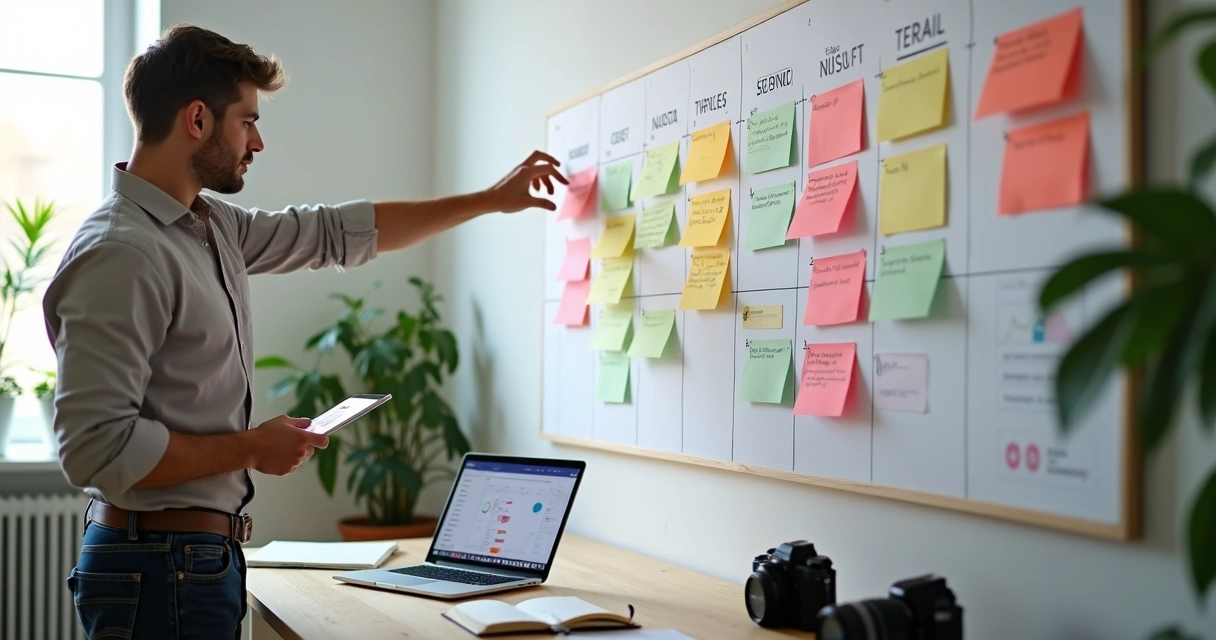 Profissional de clínica desenhando linha editorial de conteúdos odontológicos em post-its coloridos 