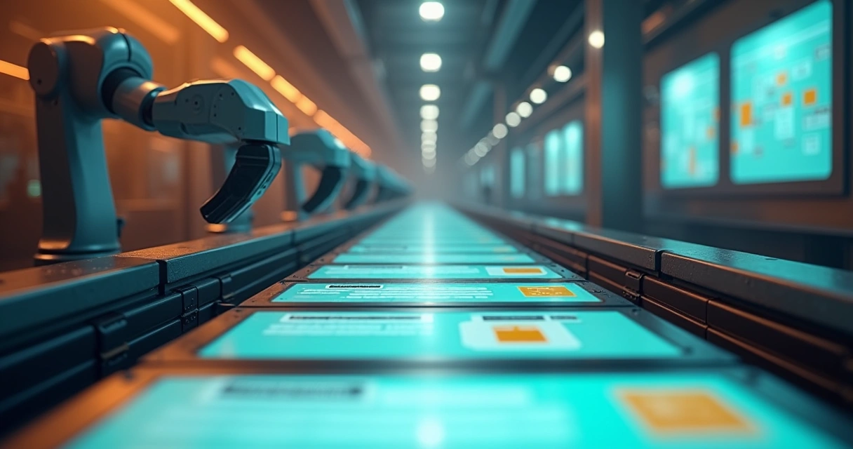 Placas e ícones de conteúdo alinhados em esteira representando consistência editorial 