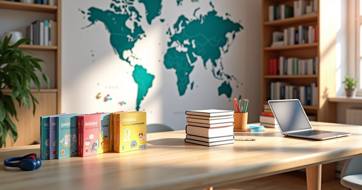 Mesa com linha completa de materiais de exames Cambridge English em destaque 
