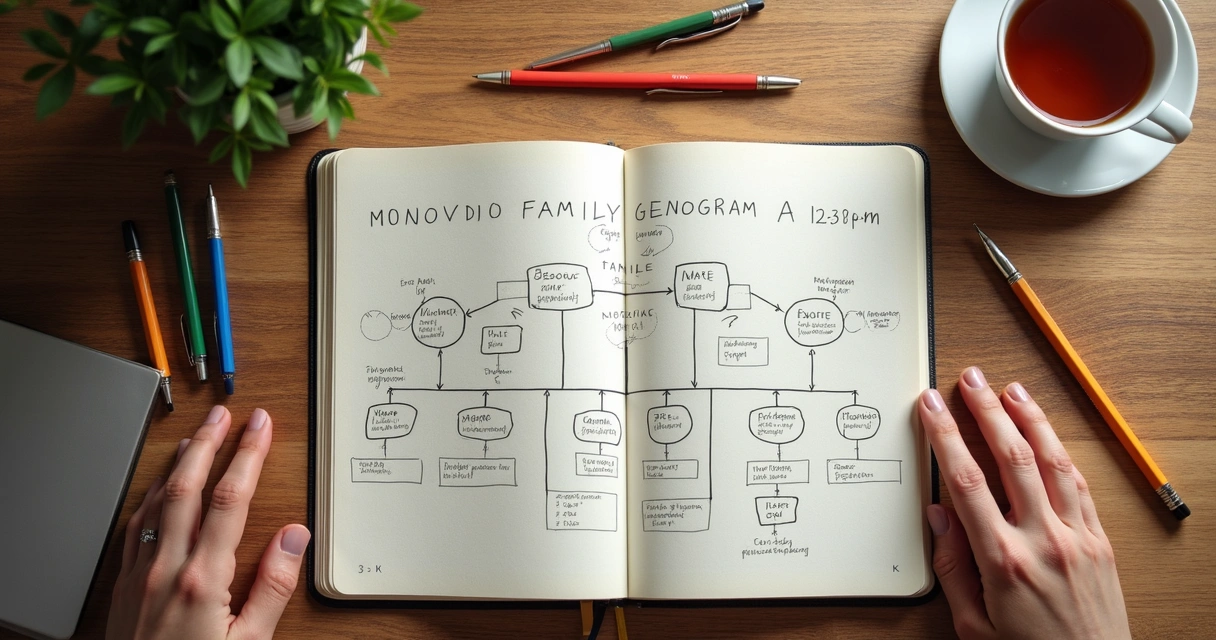 Caderno com linha geracional e anotações familiares 