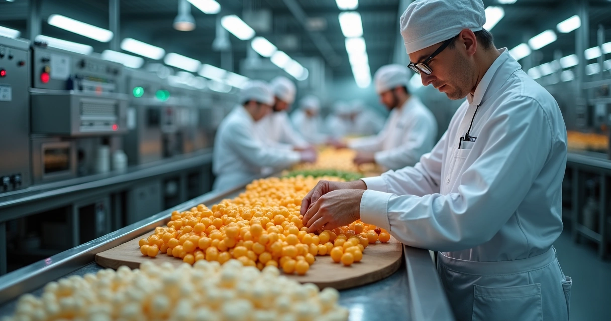 Linha de produção alimentícia com balança em destaque 