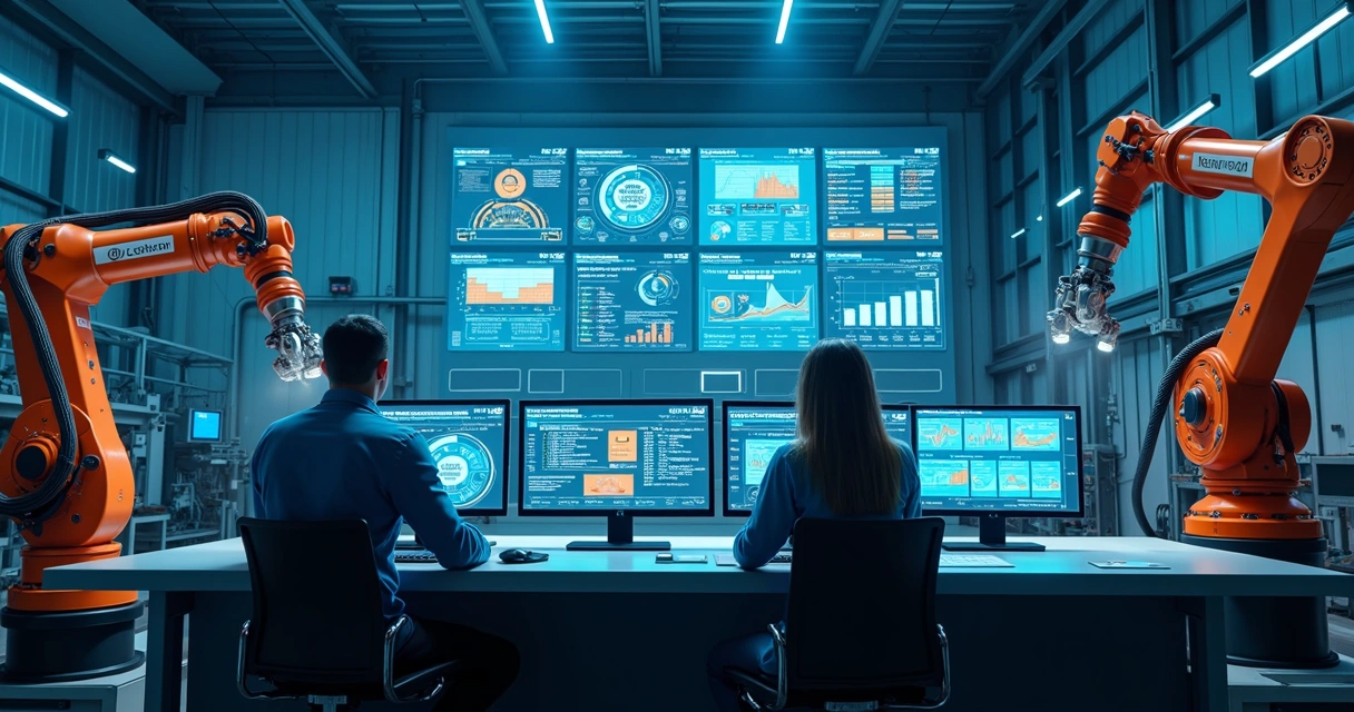 Robôs industriais monitorando linhas de produção com dados de IA em telas