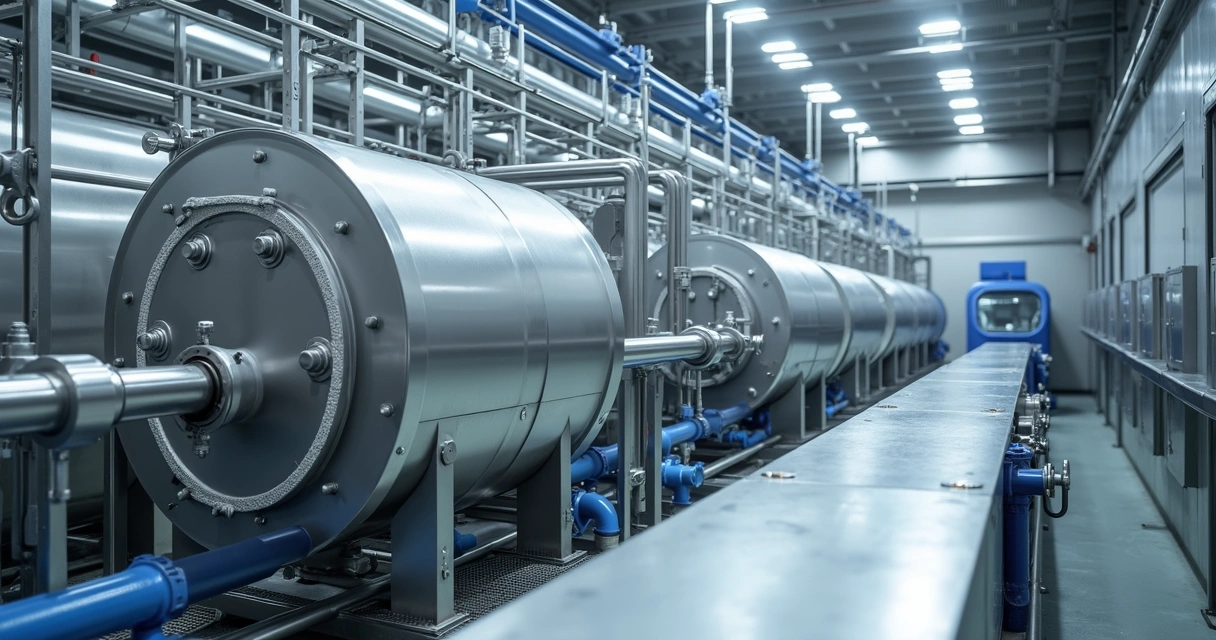 Linha industrial com tubulações e tanque revestidos 