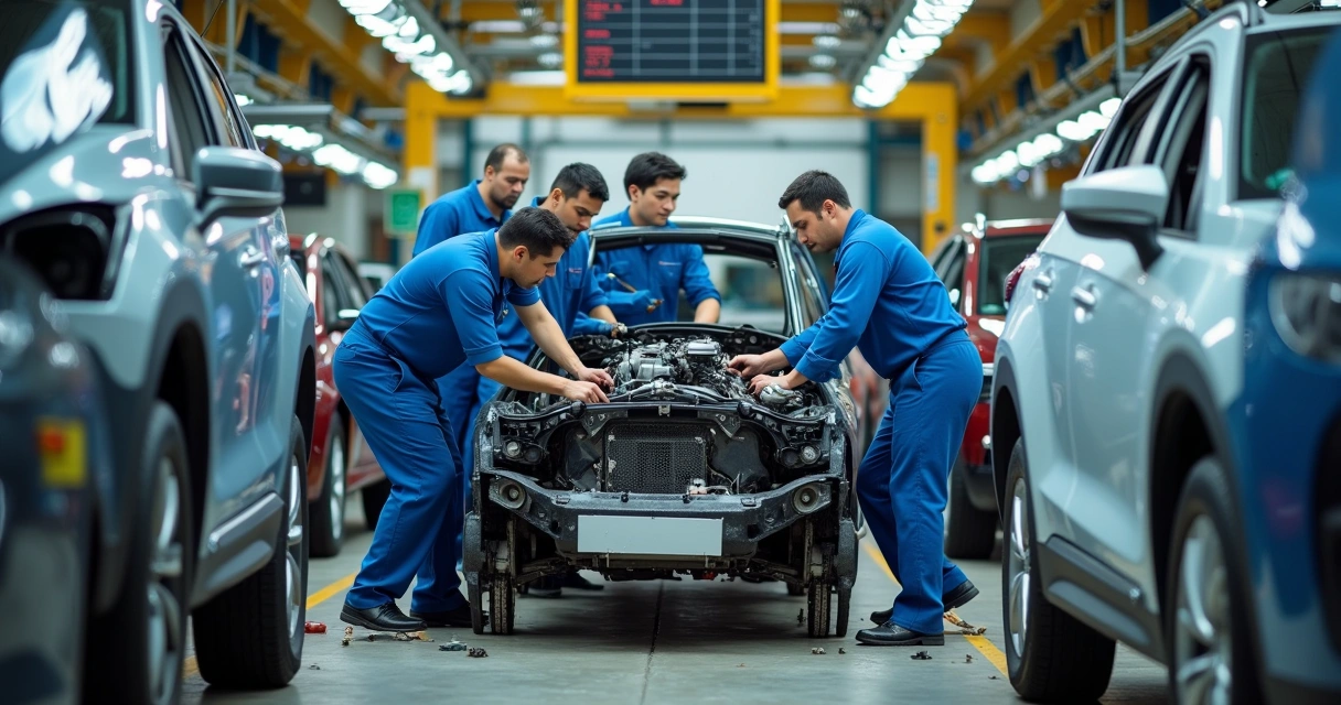 Fábrica de montagem de automóveis com trabalhadores instalando peças em um ambiente iluminado.