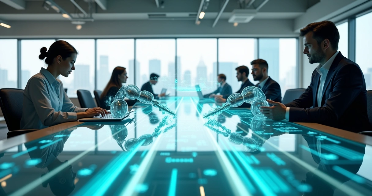 Robôs de software atuando em linha de montagem digital dentro de escritório corporativo 