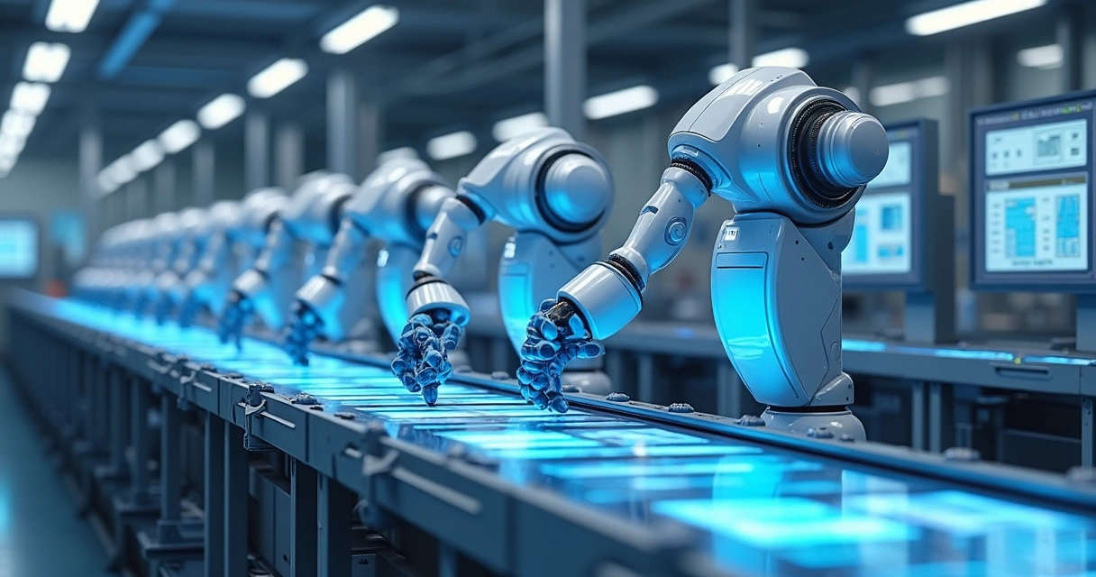 Linha de montagem industrial com braços robóticos interagindo com painéis digitais.