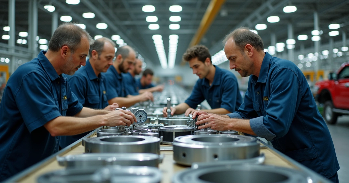 Linha de montagem industrial com operadores utilizando diferentes instrumentos de medição