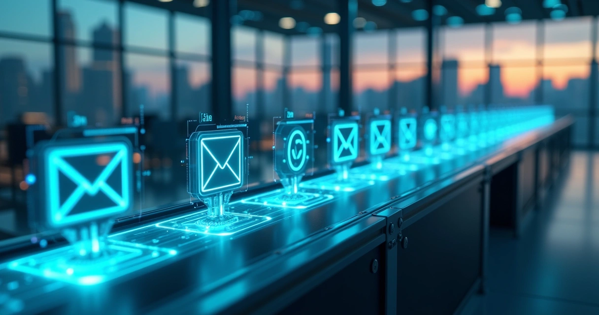 Linha de montagem digital com ícones de notificações sendo padronizados 