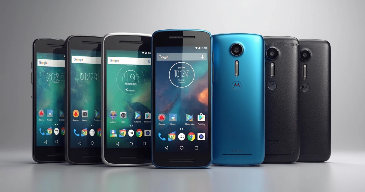 Cinco celulares Motorola Moto G de diferentes modelos alinhados lado a lado 