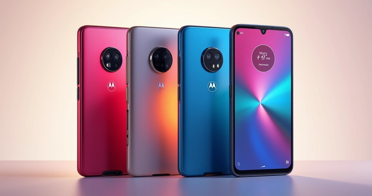 Quatro smartphones Motorola Edge em sequência mostrando telas coloridas e diferentes acabamentos 