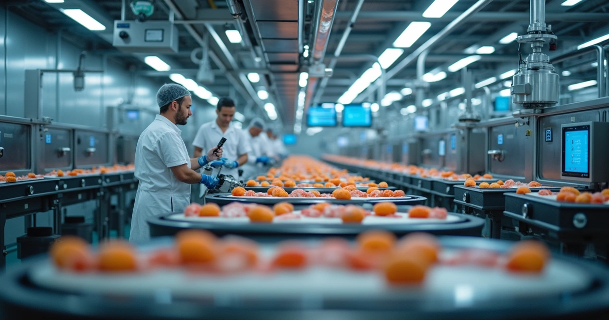 Linha de processamento de alimentos com sensores e telas digitais 