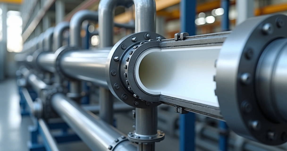 Corte técnico de linha de processo com revestimento interno em PVDF 