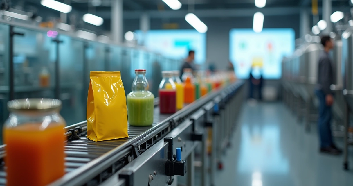 Linha de produção de alimentos com embalagens coloridas e telas mostranto dados de marca 