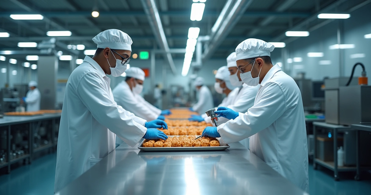 Linha de produção de alimentos com técnicos ajustando equipamentos 