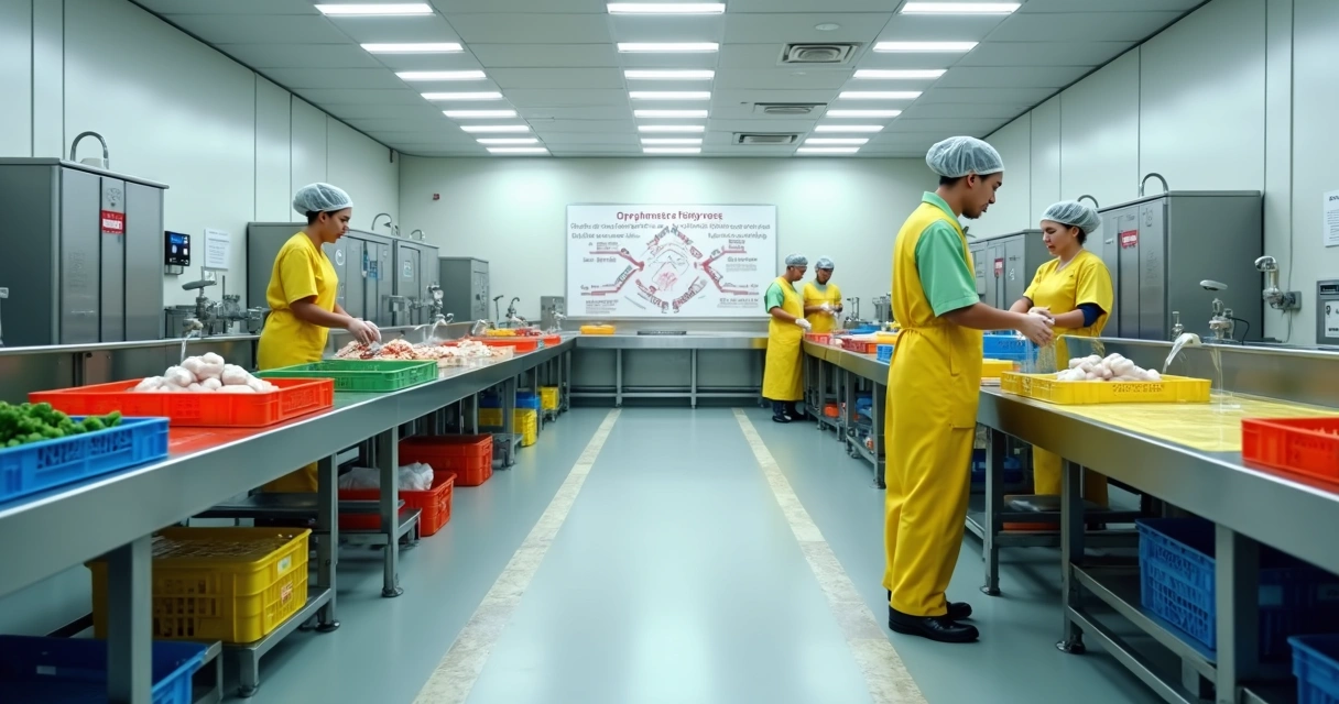 Funcionários em linha de produção de alimentos separados por áreas de cor para evitar contaminação cruzada 