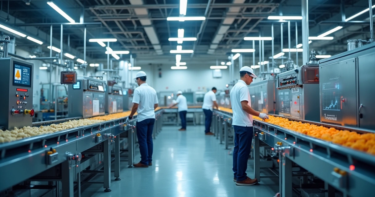 Fábrica de alimentos com linha automatizada e operadores observando monitores 