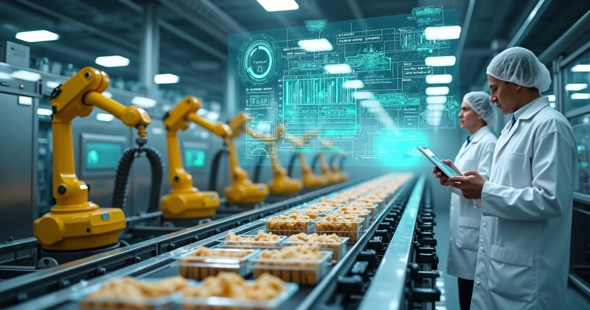 Linha de produção de alimentos com braços robóticos e painéis digitais de IA 