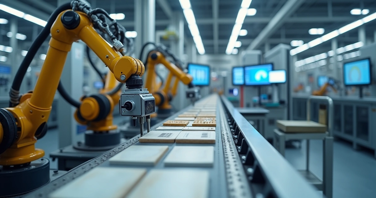 Linha de produção industrial moderna com braços robóticos e câmeras de inspeção 