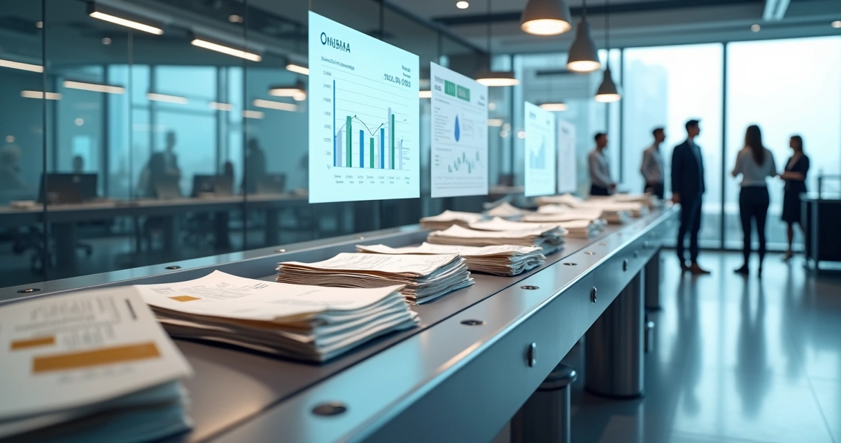Esteira automátizada transformando pilhas de papéis em painéis financeiros digitais 