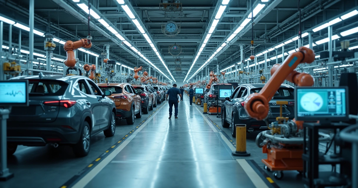 Linha de produção automotiva com braços robóticos e sensores modernos 