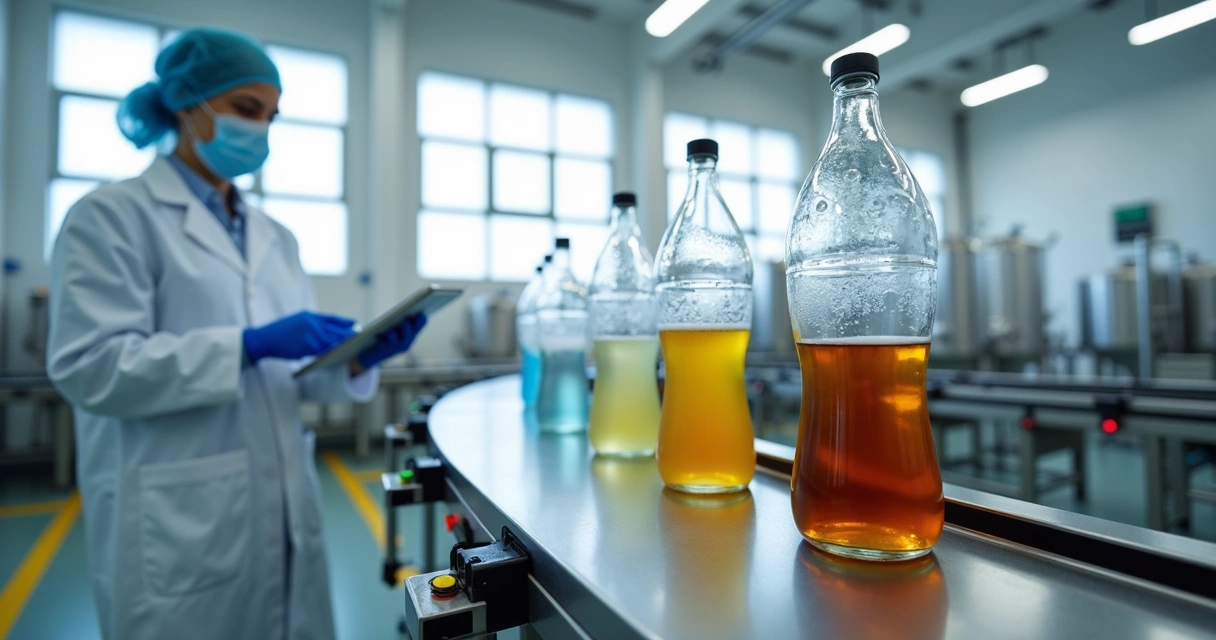 Linha de produção de bebidas com garrafas passando por inspeção de qualidade 