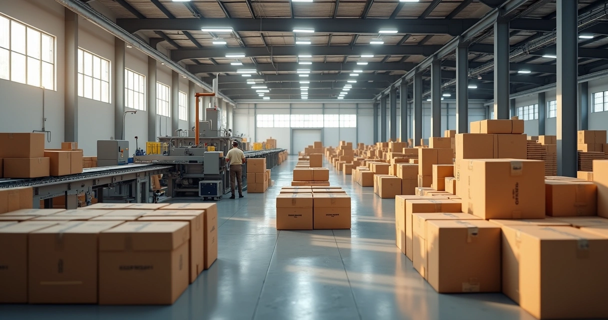 Fábrica produzindo caixas de papelão ondulado em esteira, com colaboradores operando máquinas