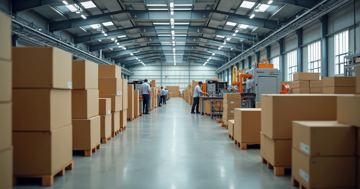 Linha de produção de caixas de papelão com profissionais operando máquinas 