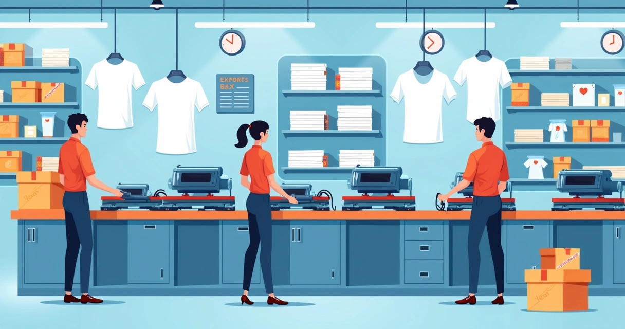 Linha de produção de camisetas rápidas com funcionários e máquinas modernas 