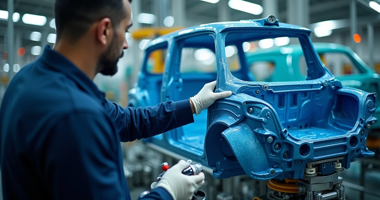 Cena em linha de produção automobilística com mecânico medindo peças para garantir precisão e qualidade.